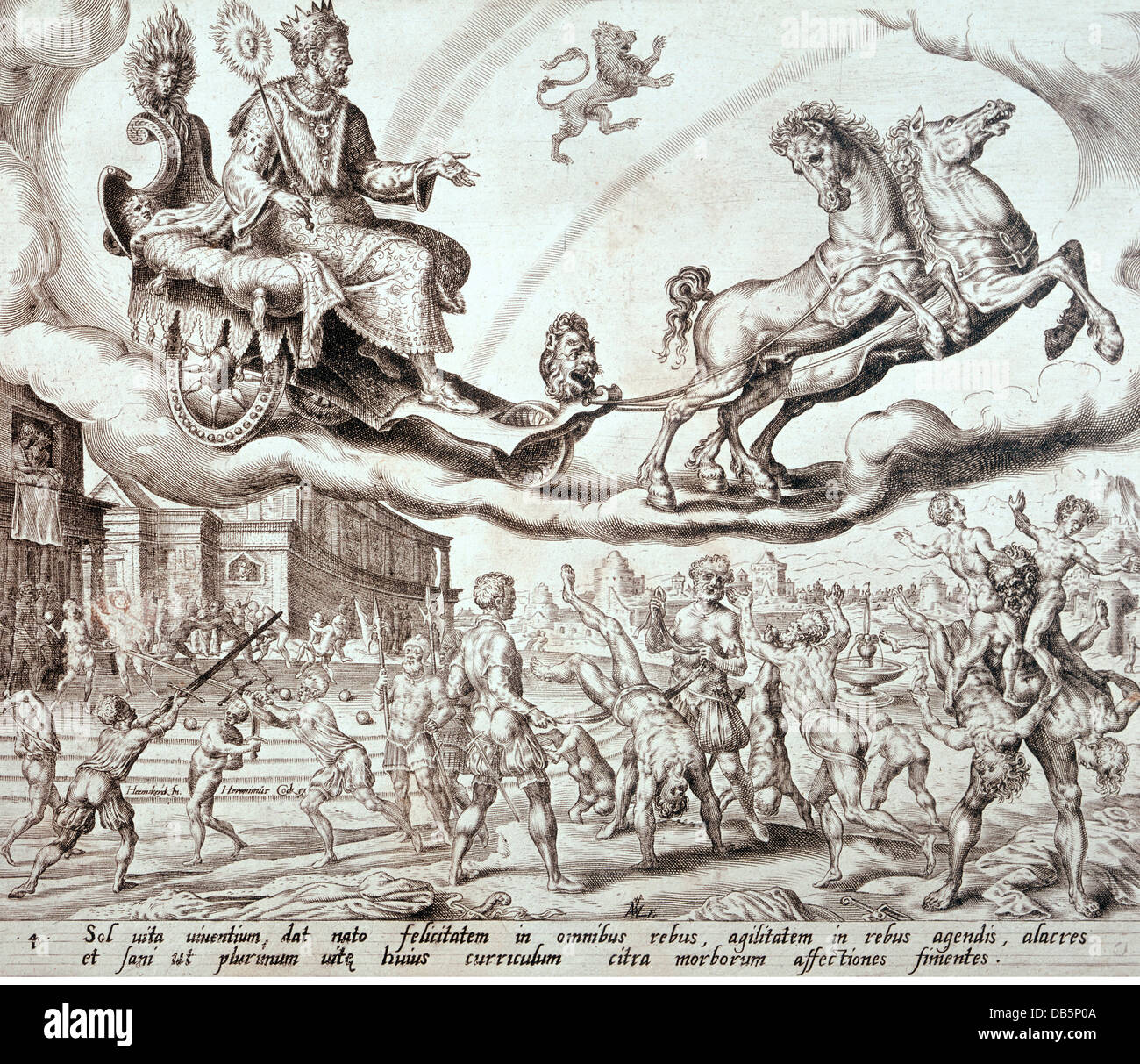 astrology, planets, Sol, carryied on cart by two horses, from 'The seven Planet Gods', copper engraving by Marten van Heemskerck, 21x25 cm, 16th century, Artist's Copyright has not to be cleared Stock Photo