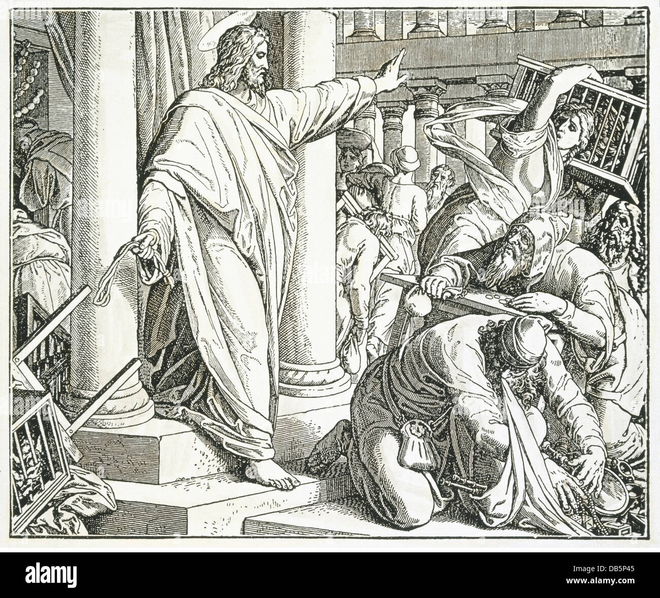 religion, biblical scenes, Jesus Christ driving the vendors and money changers from the temple, wood engraving by Julius Schnorr von Carolsfeld, circa 1860, Additional-Rights-Clearences-Not Available Stock Photo
