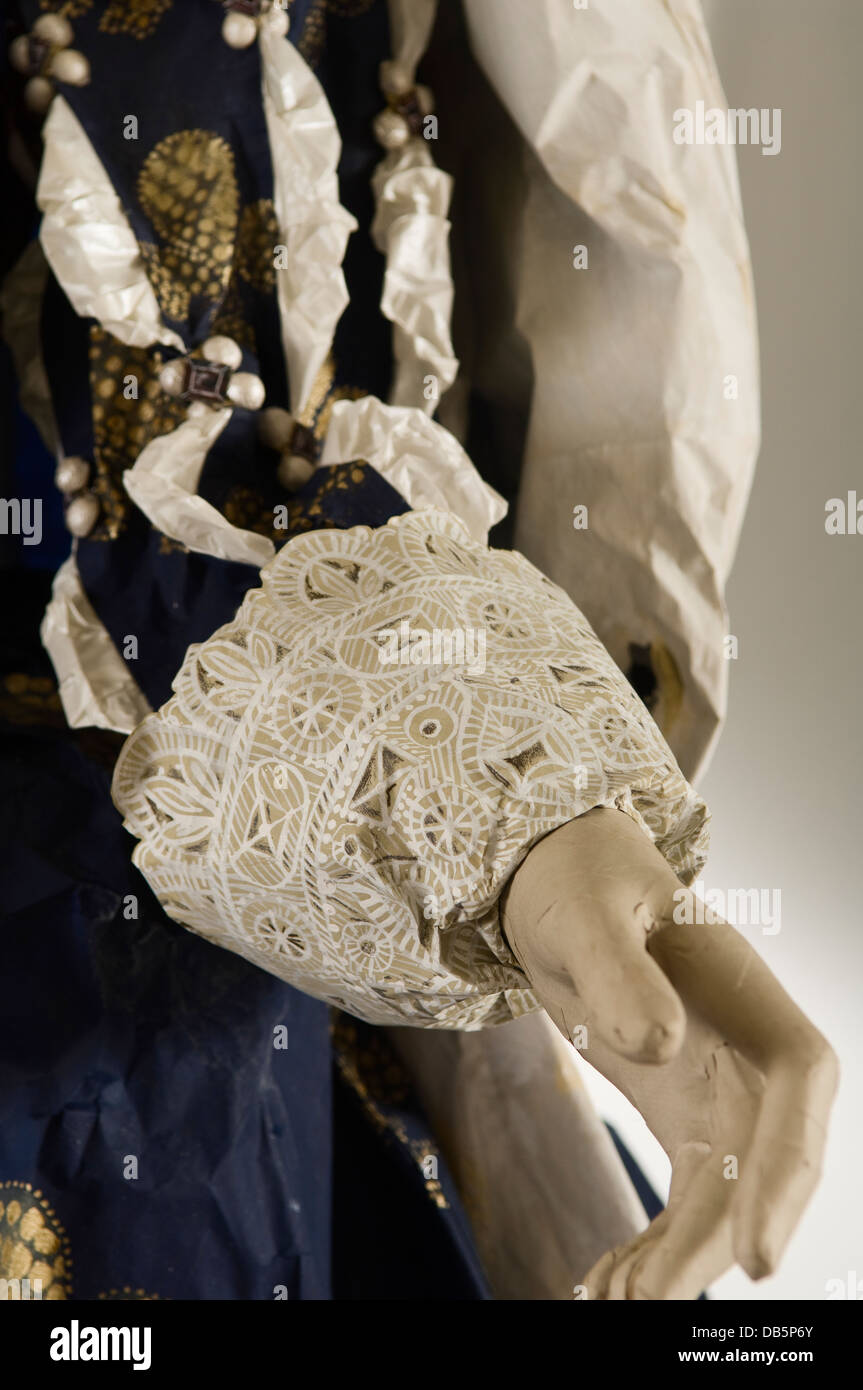 Sleeve detail of mannequin in paper dress costume Stock Photo