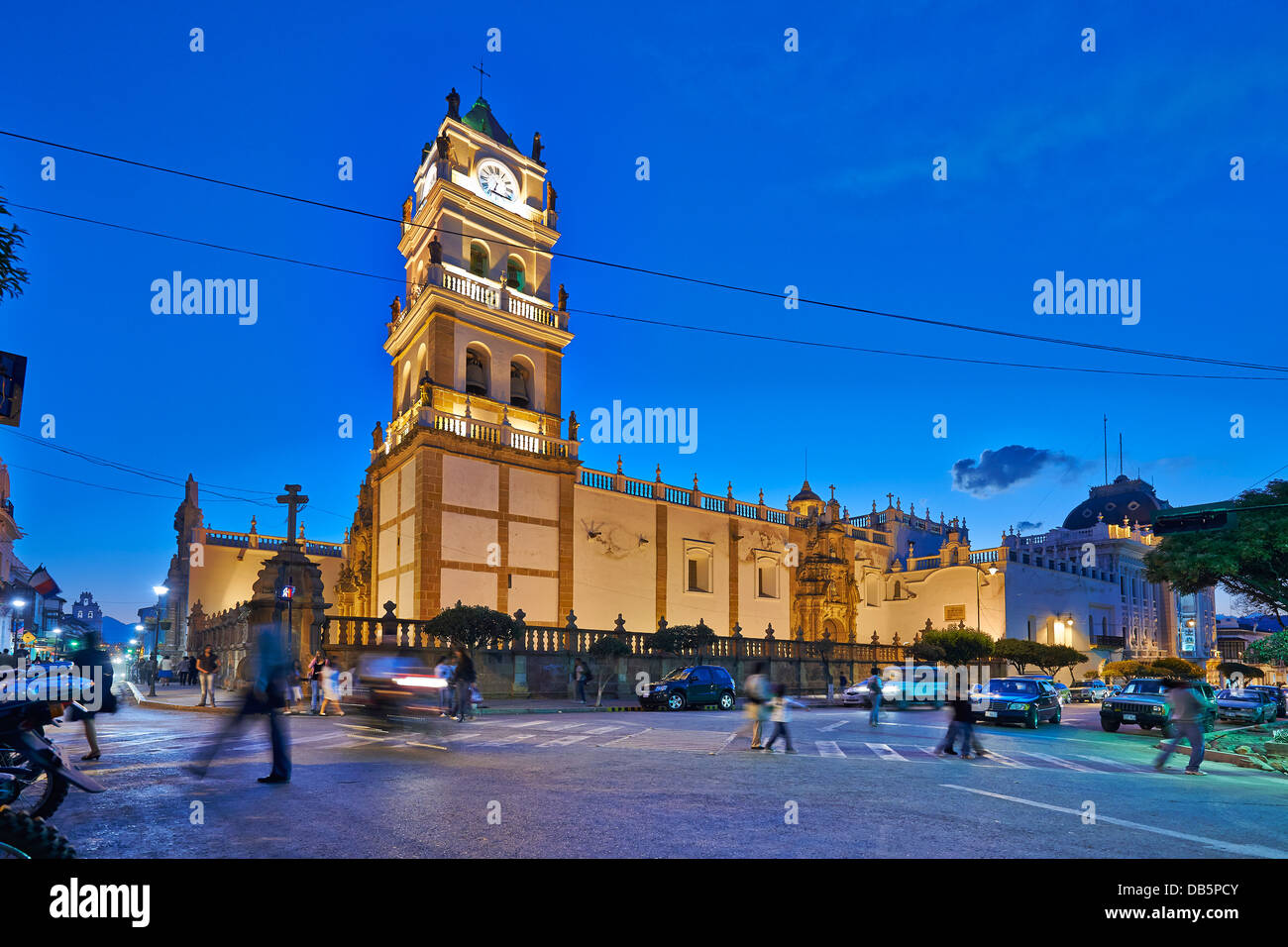 night shot of Catedral Metropolitana, cathedral of Sucre, Bolivia, South America Stock Photo