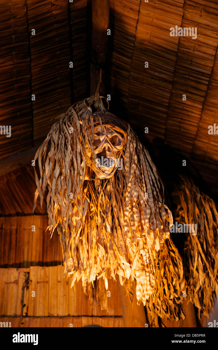 Skull hanging in one of the village houses of the Mari Mari tribe in Malaysia Stock Photo