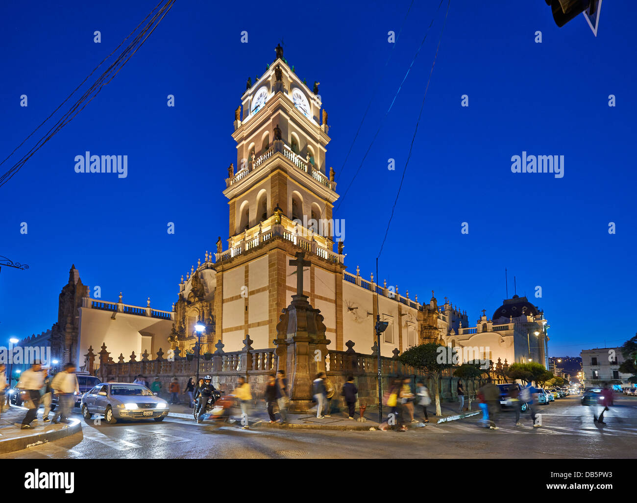 night shot of Catedral Metropolitana, cathedral of Sucre, Bolivia, South America Stock Photo