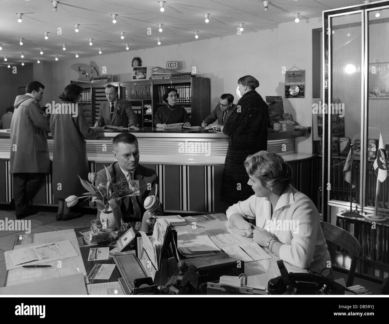 tourism, travel agency, costumers, Germany, 1956, Additional-Rights-Clearences-Not Available Stock Photo