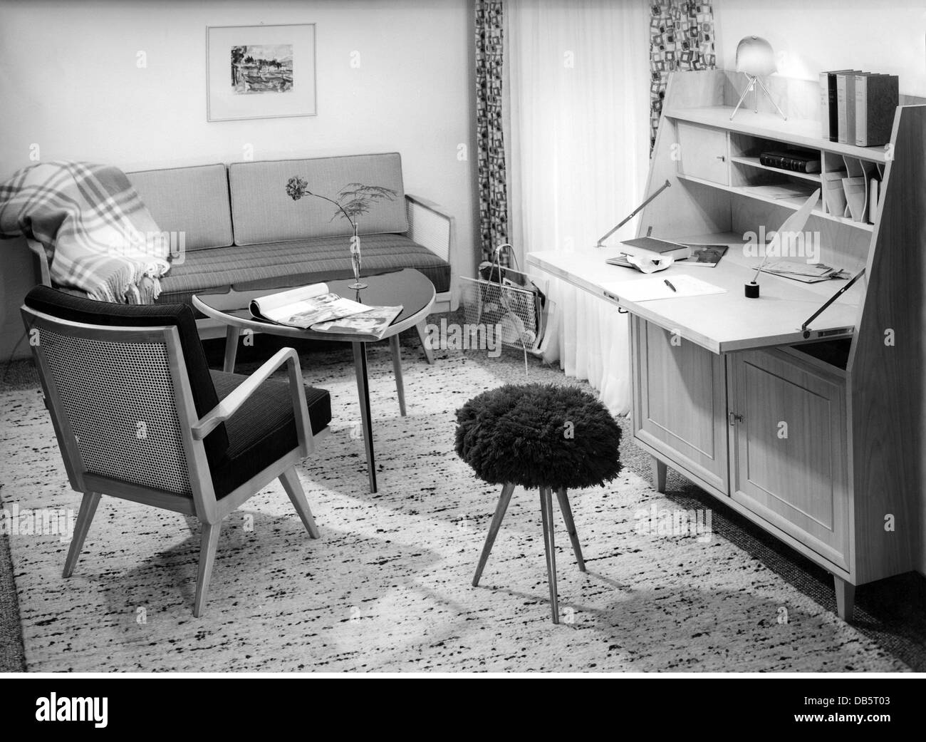 furnishings, living-room with sofa, arm chair, woollen blanket, stool and secretary, 1958 / 1959, Additional-Rights-Clearences-Not Available Stock Photo