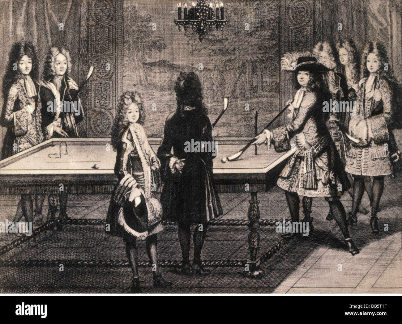 game, billard, King Louis XIV of France playing billard, copper engraving, France, circa 1700, private collection, Artist's Copyright has not to be cleared Stock Photo