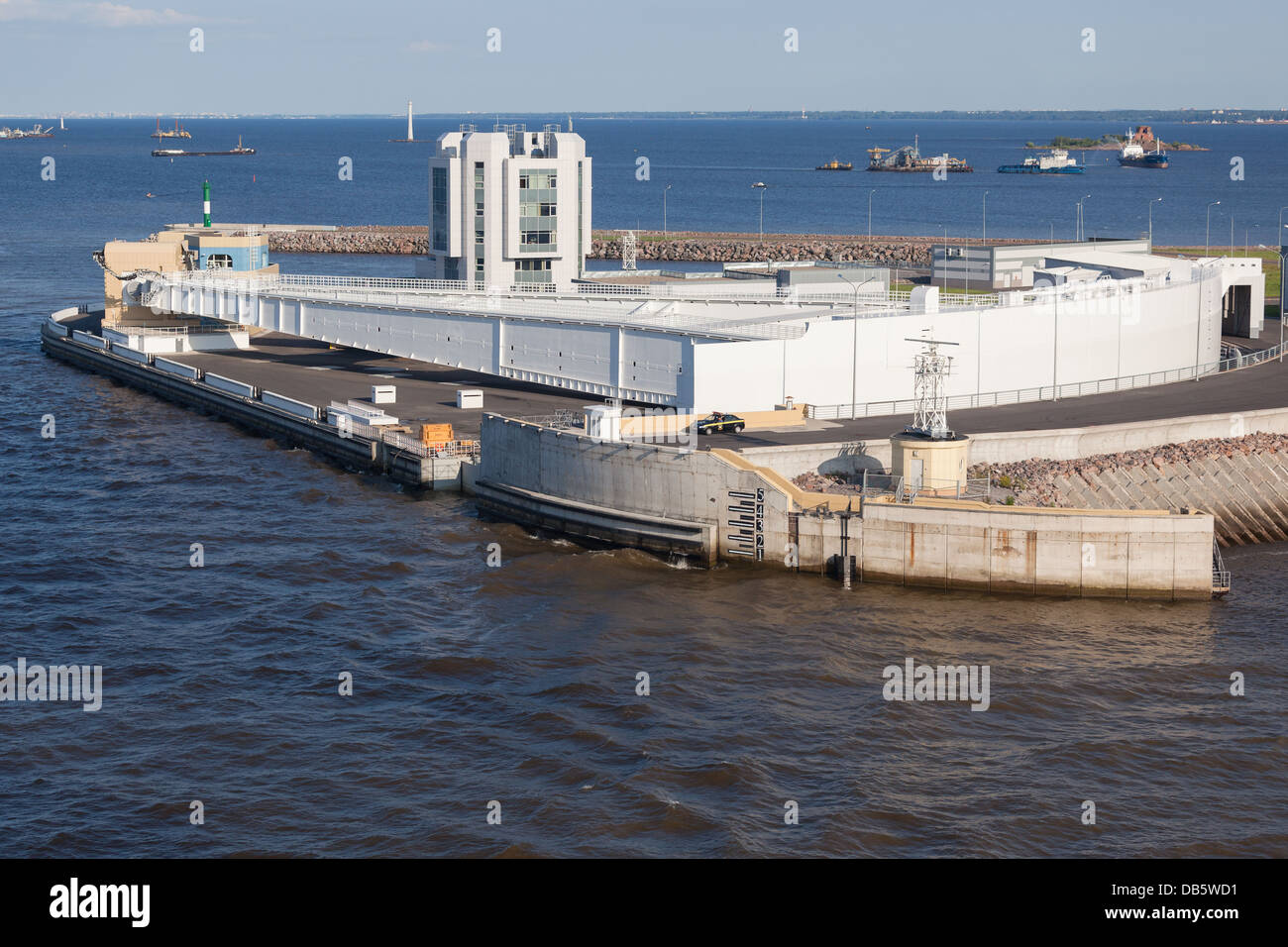 The St. Petersburg Dam, a flood control structure, extends from Kotlin Island to both sides of Neva Bay Stock Photo