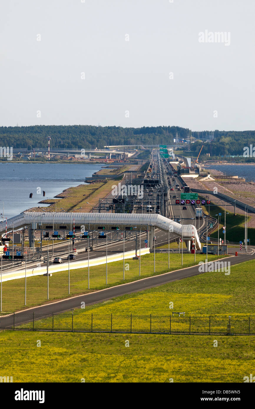 Traffic road approach and tunnel at the St. Petersburg Dam. Gulf of Finland. Stock Photo