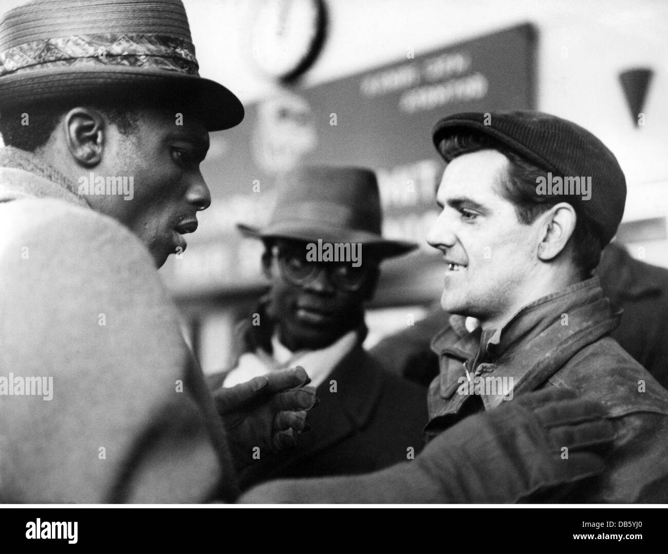 geography / travel, East Germany, people, student Johnny Botsio from Ghana talking to metal worker Heinz Simoneit, Eisenhuettenstadt, Frankfurt/Oder district, 4.12.1961,African, steel works, GDR, Brandenburg, Central Europe, 1960s, 60s, 20th century, historic, historical, Additional-Rights-Clearences-Not Available Stock Photo