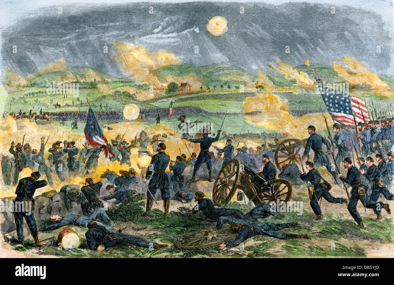 Confederate General Longstreet attacks Union lines, Battle of Gettysburg, 1863. Hand-colored woodcut Stock Photo