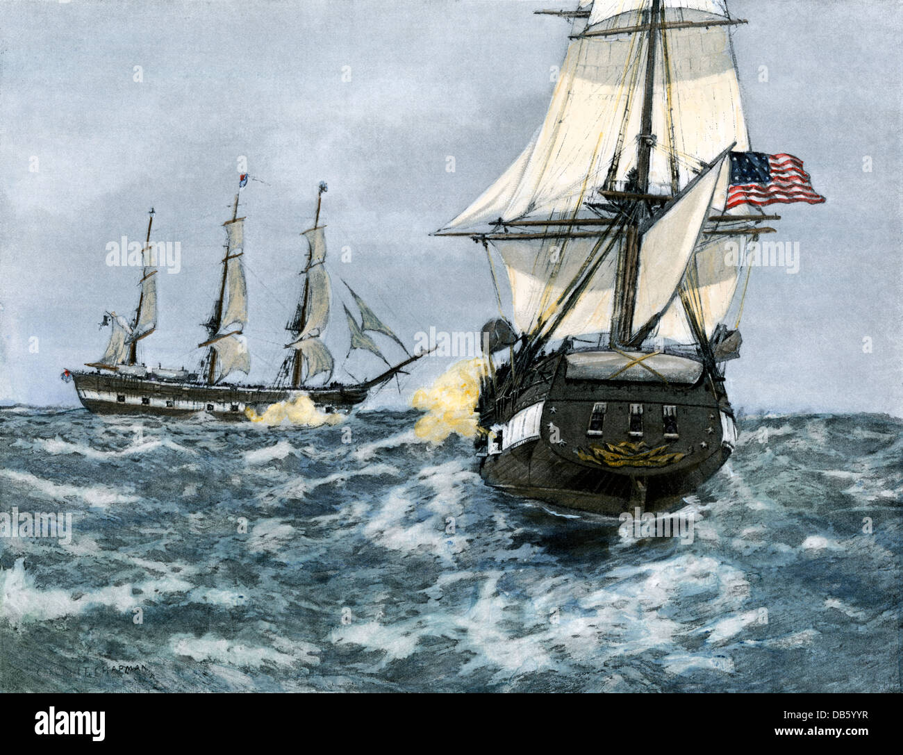 HMS 'Macedonian' crossing the bow of USS 'United States,' War of 1812. Hand-colored halftone of an illustration Stock Photo