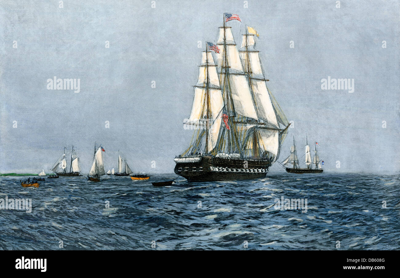 American frigate 'Chesapeake,' headed for battle with HMS 'Shannon,' War of 1812. Hand-colored halftone of an illustration Stock Photo