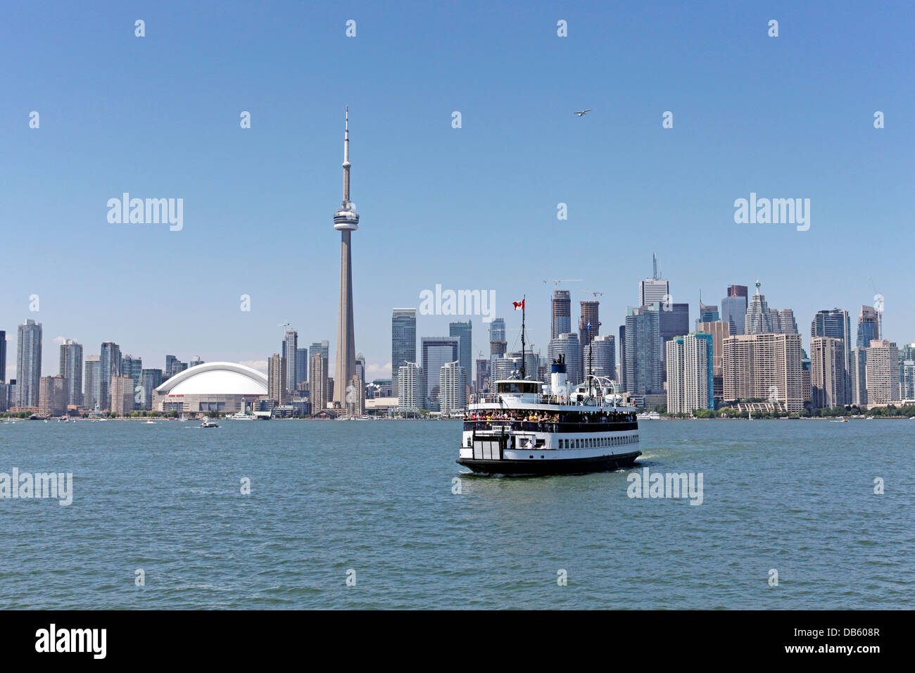 Toronto;Ontario;Canada;Centre Island Ferry  with Toronto Skyline in back ground and also CN tower on Lake Ontario Stock Photo