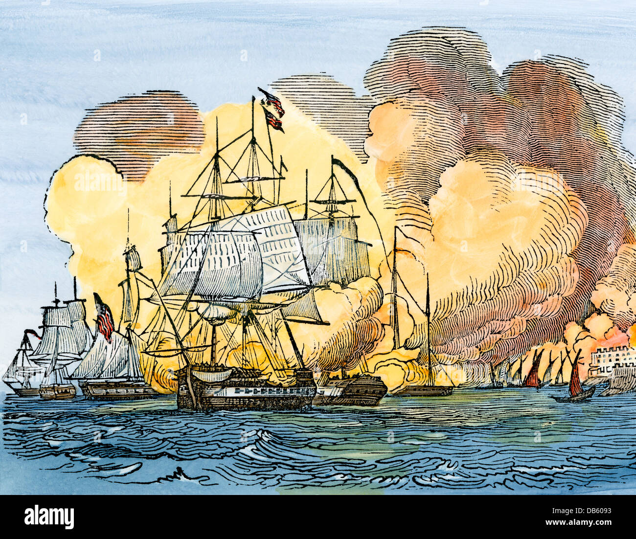 Bombardment of Tripoli by US Navy ships during the Barbary Wars, 1803. Hand-colored woodcut Stock Photo