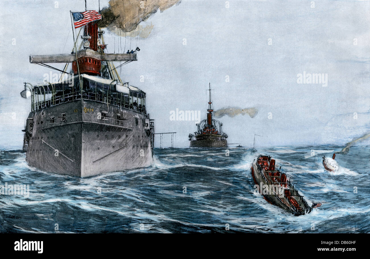 US fleet at Key West in 1898: armored cruiser 'New York,' battleship 'Indiana,' and a torpedo boat carrying dispatches. Hand-colored halftone Stock Photo