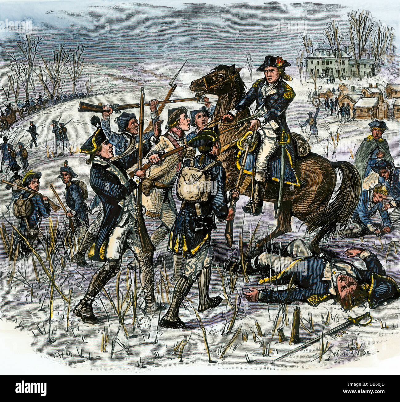 Mutiny of the Pennsylvania Line, January 1781, Mount Kemble, NJ. Hand-colored woodcut Stock Photo