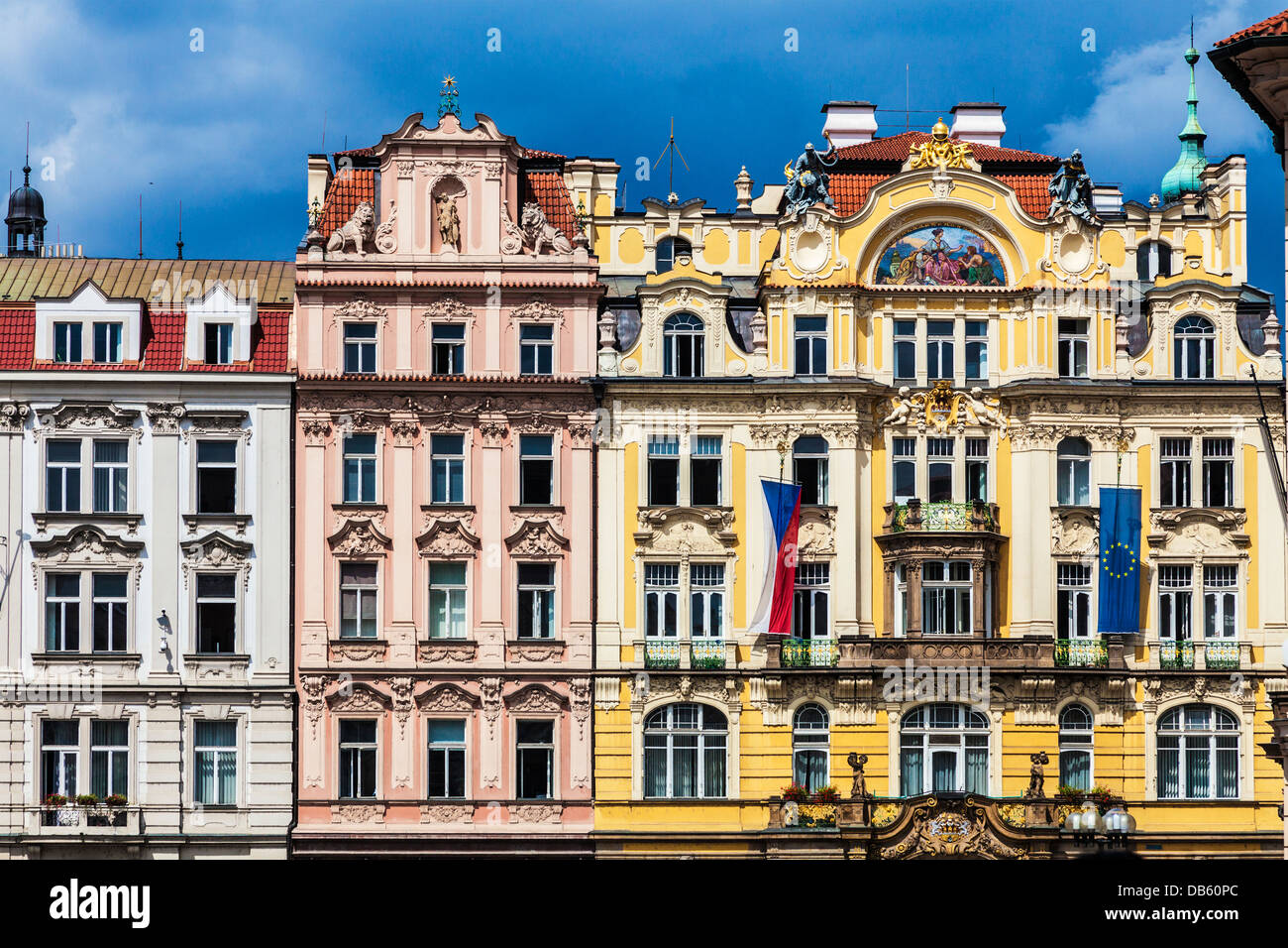 Colourful facades of buildings around the Old Town Square, Prague. The Art Nouveau Ministry of Regional Development on right. Stock Photo