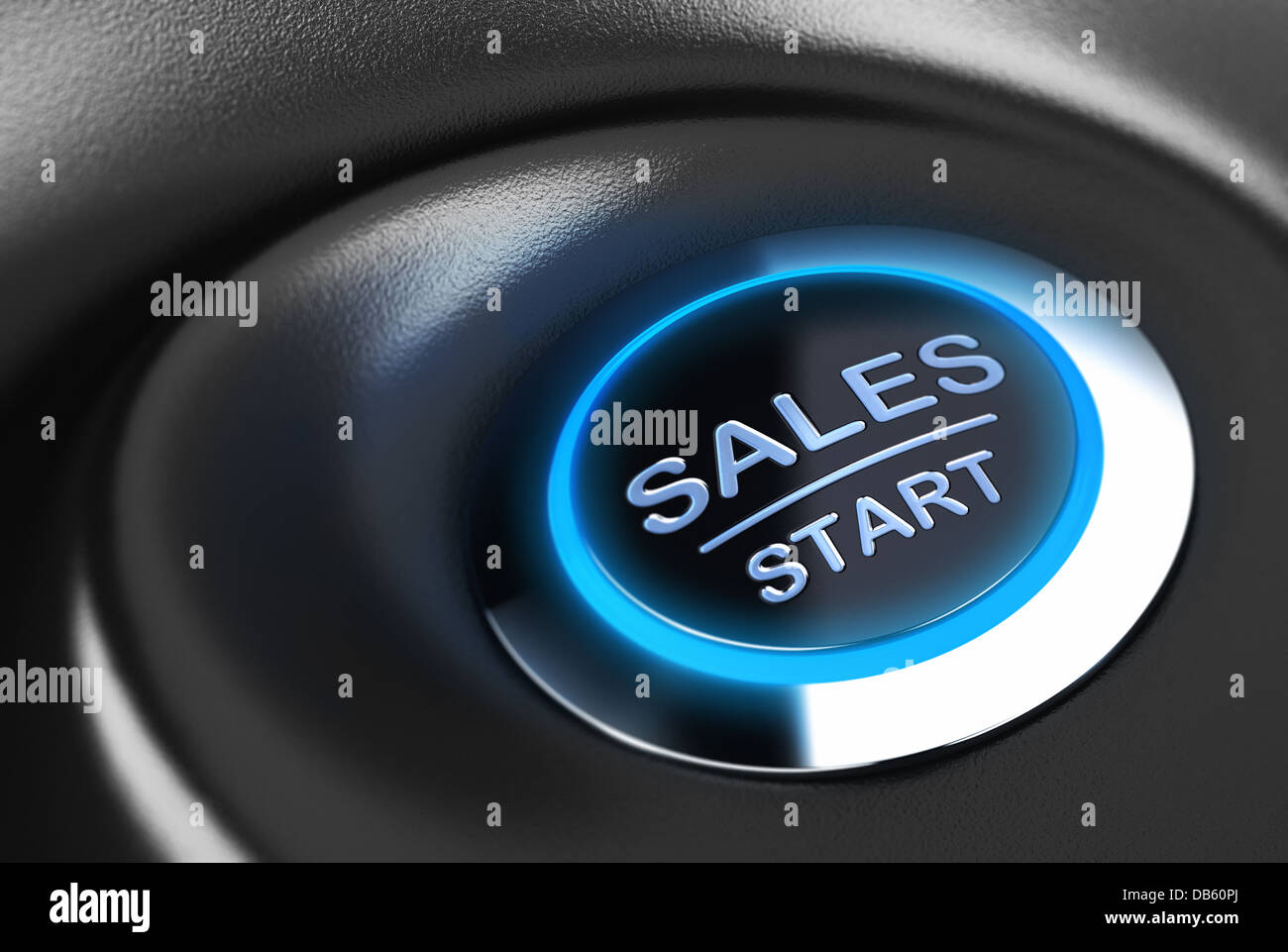Sales button with blue light. 3D render over blue and black background suitable for sales motivation and solution concept. Stock Photo