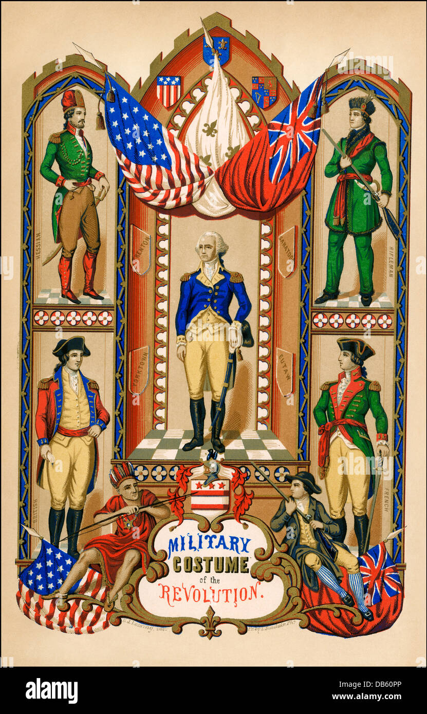 Military uniforms of armies in the American Revolution: Hessian, American rifleman, French, and British (clockwise from top left. Color lithograph Stock Photo