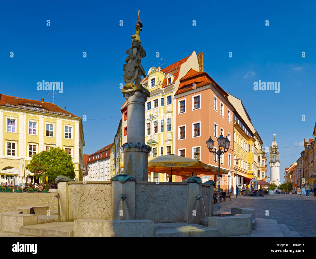 Hauptmarkt market square with fountain and Reichenstrasse street, Bautzen, Upper Lusatia, Saxony, Germany Stock Photo