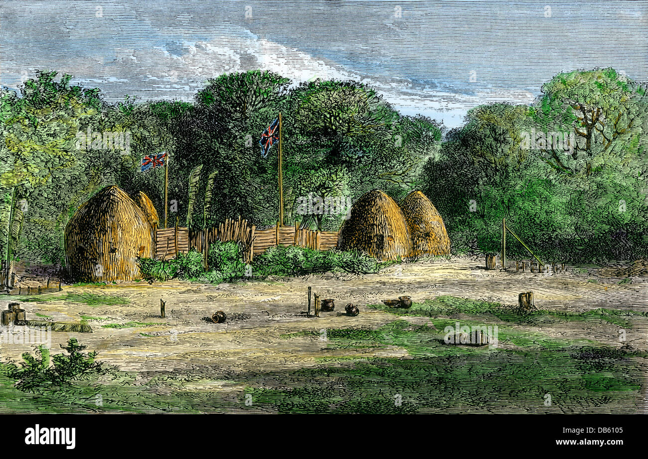 Camp of an English explorer in Africa, 1800s. Hand-colored woodcut Stock Photo