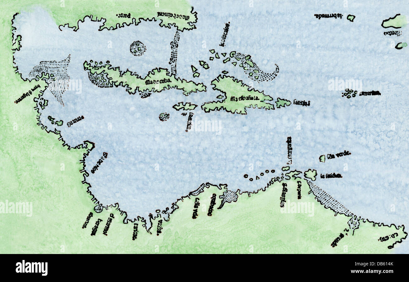 Map of the New World, including earliest knowledge of Bermuda, 1511. Hand-colored woodcut after Peter Martyr Stock Photo