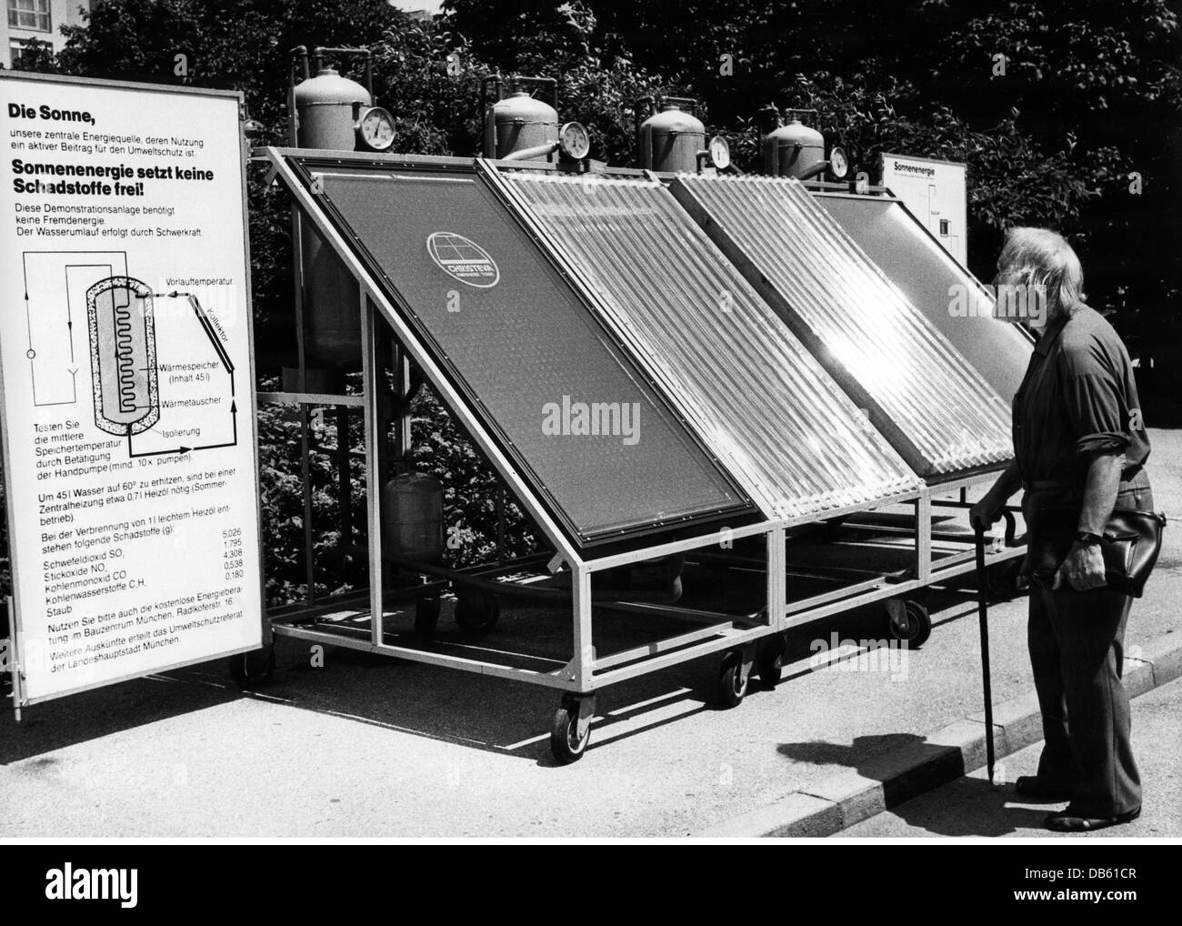 energy,solar energy,advertising for solar energy,Umwelttag  Marienhof,Munich,1986,old,man,men,solar collectors,solar collector,information,info,technics,technologies,preventive environmental protection,for environmental reasons,renewable energies,regenerative,photovoltaic cell,solar cells,photovoltaic cells,multijunction solar cell,invention,inventions,generations,solar energy,environment engineering,environmental technology,electricity,generation of current,electricity generation,power generation,energies,solar energy,solar po,Additional-Rights-Clearences-Not Available Stock Photo