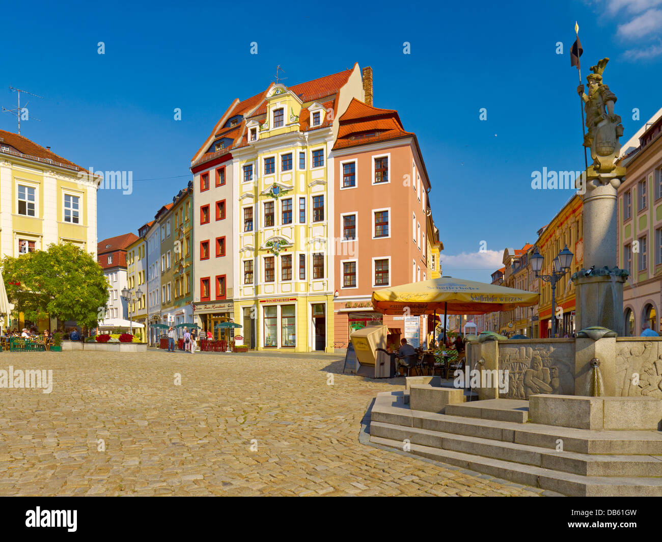 Hauptmarkt market square with fountain, Bautzen, Upper Lusatia, Saxony, Germany Stock Photo