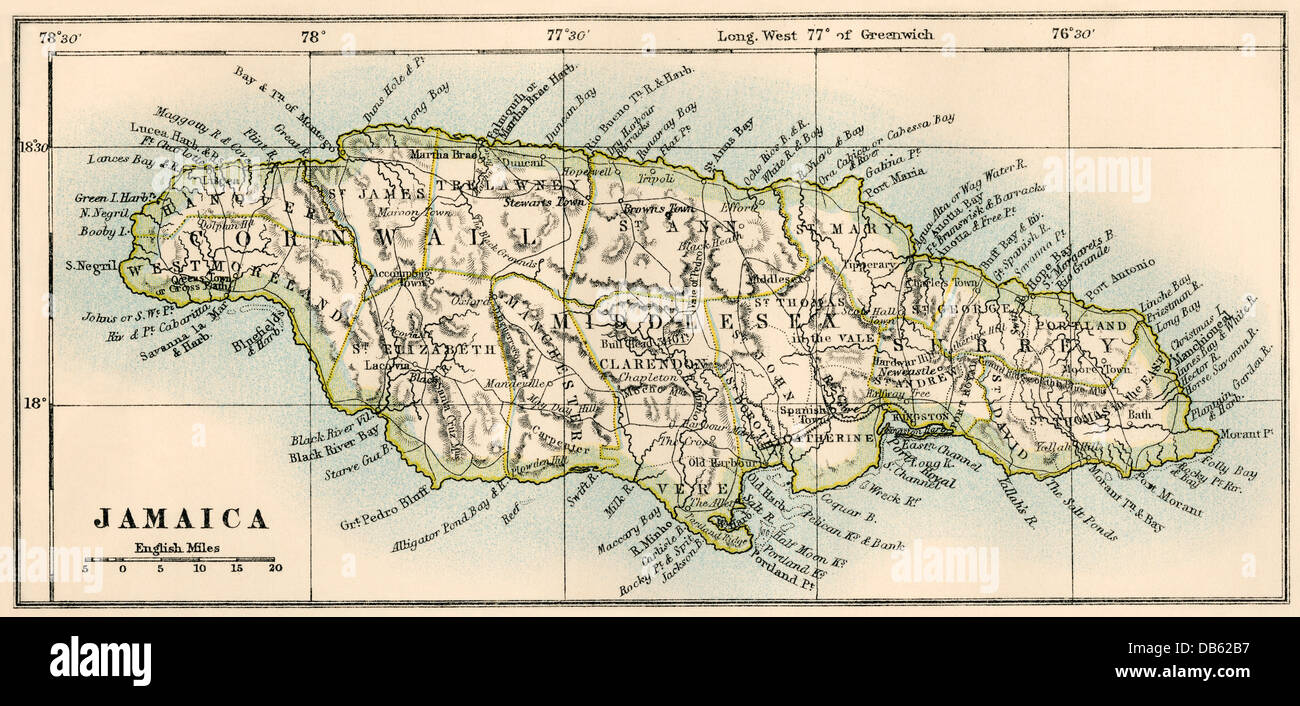 Map of Jamaica, 1870s. Color lithograph Stock Photo