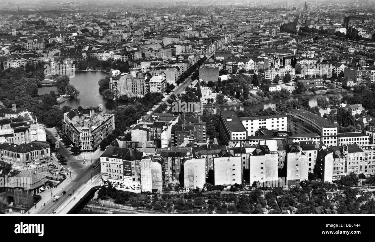 geography / travel, Germany, Berlin, city view / city views, general view from Radio Tower Berlin (Funkturm Berlin) towards Kaiser Wilhelm Memorial Church, circa 1950, picture postcard, postmarked 1953, city view, cityscape, city views, cityscapes, townscape, townscapes, Europe, panorama, panoramic, mass of houses, house, houses, roof, roofs, 20th century, 1950s, 50s, historic, historical, West Berlin, 1940s, Additional-Rights-Clearences-Not Available Stock Photo