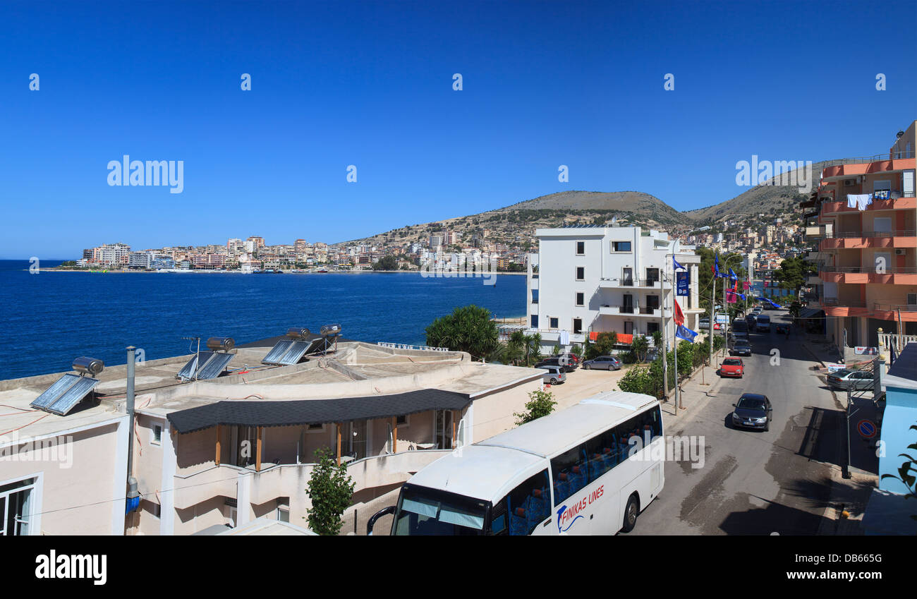 View of Saranda harbour from its backstreets Stock Photo
