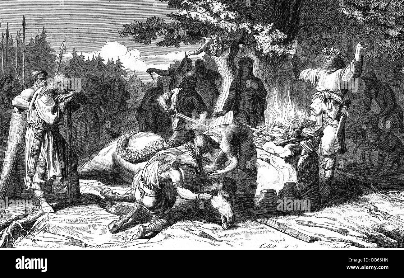 Ancient World, Germanic peoples, sacrifice, wood engraving, after Friedrich Hottenroth, 19th century, Germanics, sacrifice, sacrificing, blood, sacrificial animal, sacrificial animals, rite, rites, pagan, heathen, pagans, paganism, fire, offering, historic, historical, ancient world, people, Additional-Rights-Clearences-Not Available Stock Photo