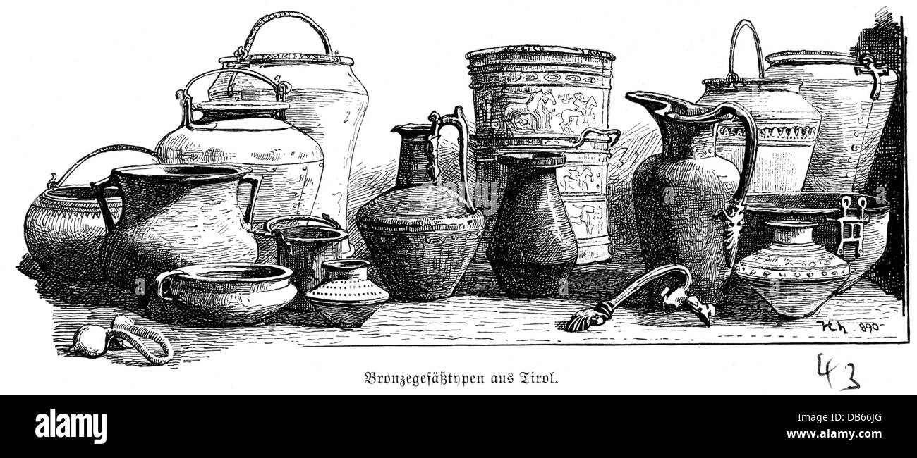 household, vessel, bronze vessel types from Tyrol, wood engraving, 19th century, bronze, vessel, vessels, container, containers, bowl, bowls, dish, dishes, bucket, buckets, pot, pots, mug, mugs, decanter, decanters, amphora, amphorae, storage, type, types, conglomeration, historic, historical, Additional-Rights-Clearences-Not Available Stock Photo