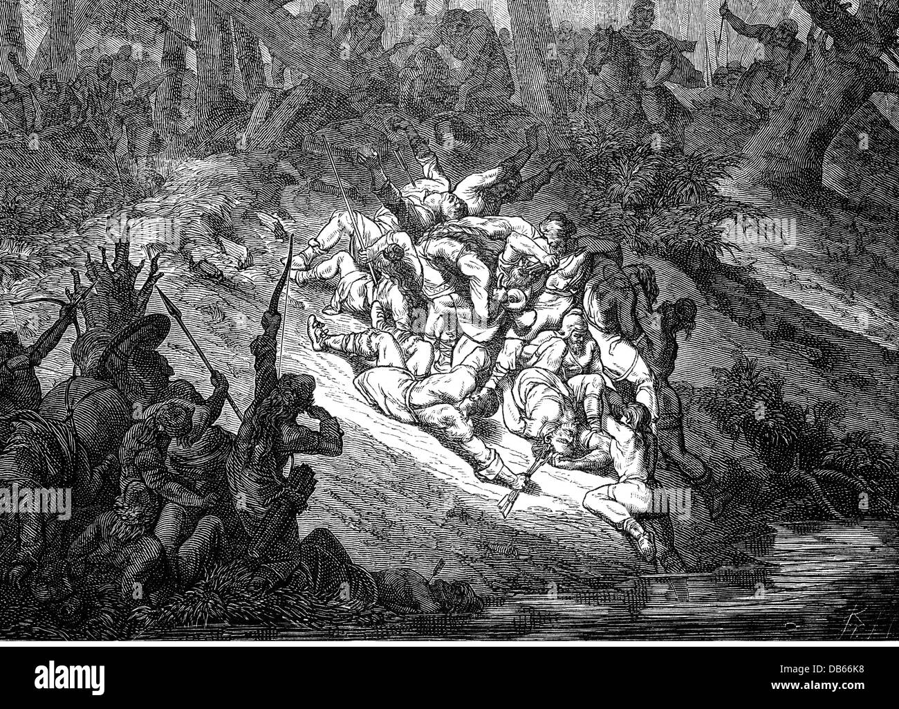 Middle Ages, Magyar Invasions 899 - 955, a Hungarian detachment is defeated at the Droemling Forest, 954, wood engraving, 19th century, historic, historical, Hungarian, Hungarians, wars, war, military, East Francia, 10th century, Germany, fight, fighting, wood, woods, warriors, battle, Droming, Drömling, medieval, people, Additional-Rights-Clearences-Not Available Stock Photo