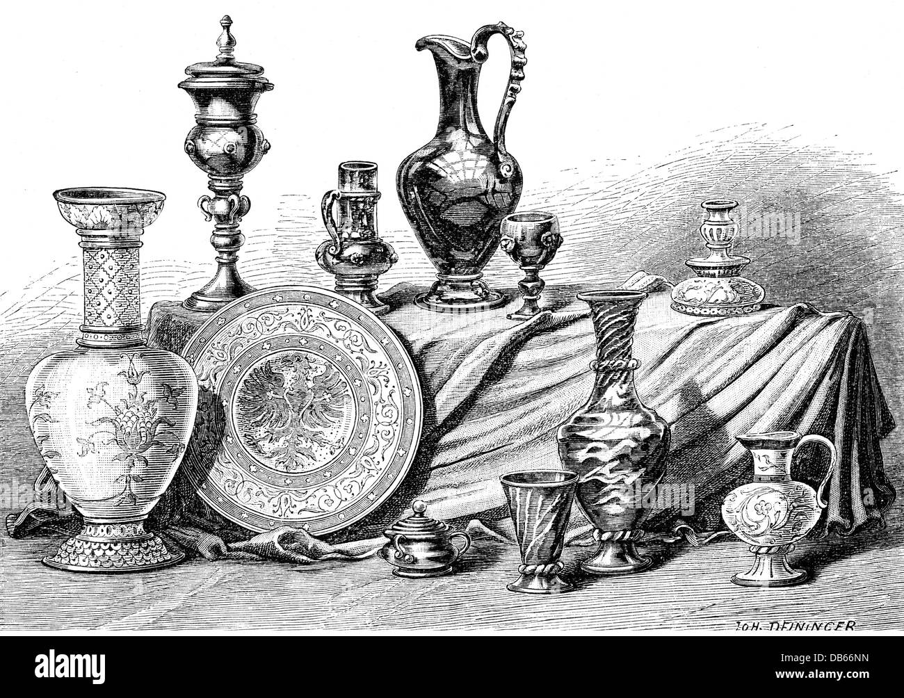fine arts, craft / handcraft, green glasses from Kramsach and Maiolica from Schwaz, wood engraving by Johann Deininger, 19th century, green-coloured, ornamented, painted, vessel, vessels, decanter, decanters, vase, vases, plate, plates, draped, kitchenware, pots and pans, tableware, goblet, goblets, can, cans, small jug, pot, a pot of coffee, pot, tableware, tableware, historic, historical, carafe, chalice, chalices, mug, cup, mugs, cups, Maiolika, Majolica, glass, Additional-Rights-Clearences-Not Available Stock Photo