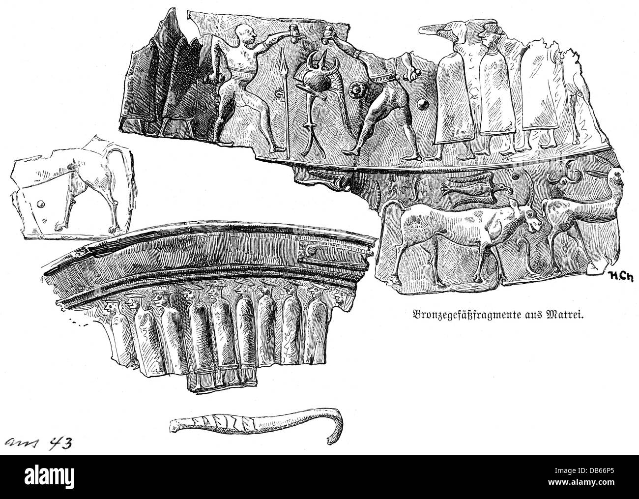 archeology, dish fragments from the Bronze Age, locality: Matrei, wood engraving, 19th century, vessel, vessels, fragment, fragments, broken piece, fragment, broken pieces, fragments, bronze, prehistory, prehistoric times, relief, frieze, painted, historic, historical, Additional-Rights-Clearences-Not Available Stock Photo