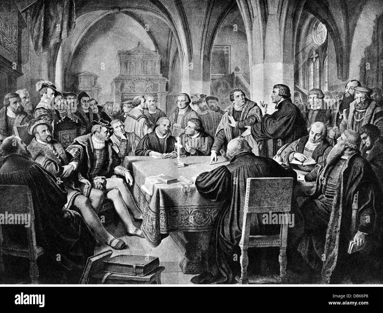events, Protestant Reformation, 1517 - 1555, Marburg Colloquy, October 1529, lithograph based on painting by August Noack, Additional-Rights-Clearences-Not Available Stock Photo