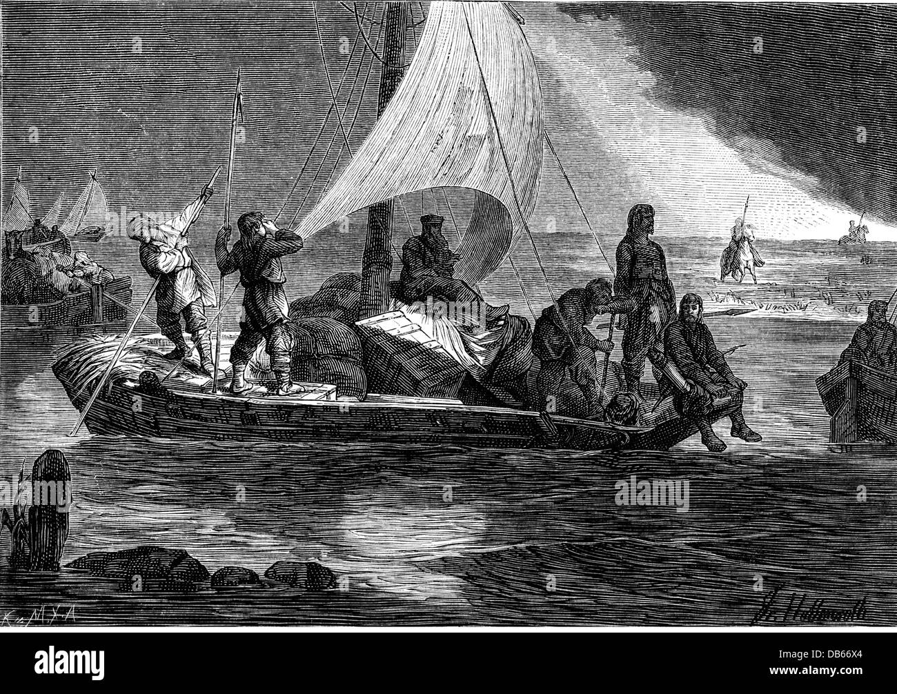 trade, merchants, Frisian trading route, merchants with sailing boats, 9th century, wood engraving by Friedrich Hottenroth, 19th century, Middle Ages, medieval, mediaeval, Frankish Empire, Frisian, Friesian, Frisians, Friesians, Frisia, boats, boat, , sailing ship, sailing ships, merchant ship, merchant ships, cargo vessel, trading vessel, cargo vessels, trading vessels, sail, sails, goods, navigation, historic, historical, people, Additional-Rights-Clearences-Not Available Stock Photo