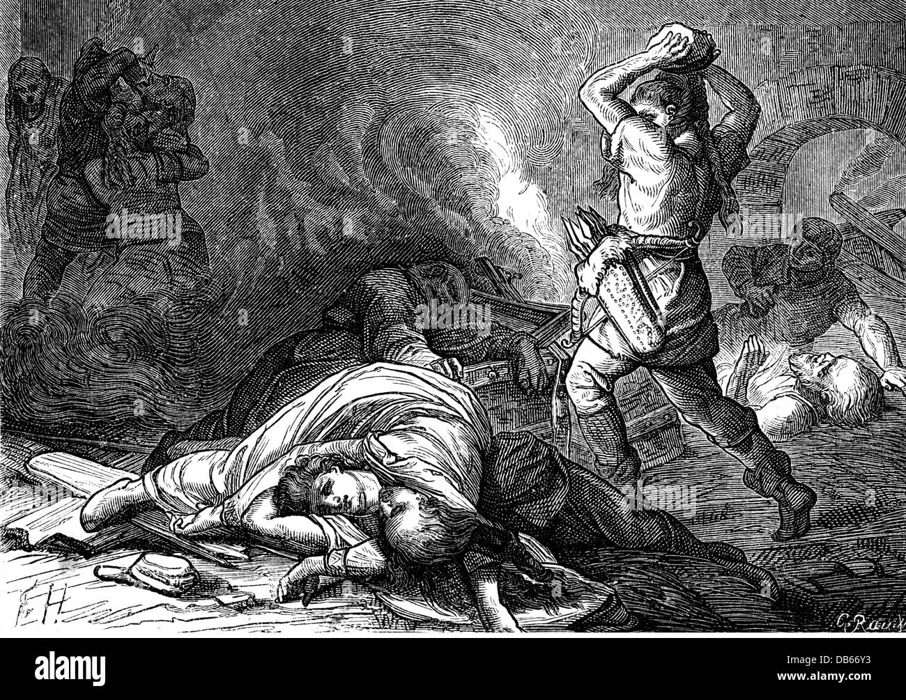 Middle Ages, campaigns of King Henry I against the Slavs (East Francia), 928 / 929, Redarii capture the castle of Walsleben and kill all inhabitants, 929, wood engraving after drawing by Friedrich Hottenroth, 19th century, uprising, rising, uprisings, Henry, 10th century, violence, slay, slaying, kill, killing, dead body, dead bodies, corpse, corpses, dead, death, conquest, conquests, war, wars, campaign, campaigns, historic, historical, medieval, people, Additional-Rights-Clearences-Not Available Stock Photo