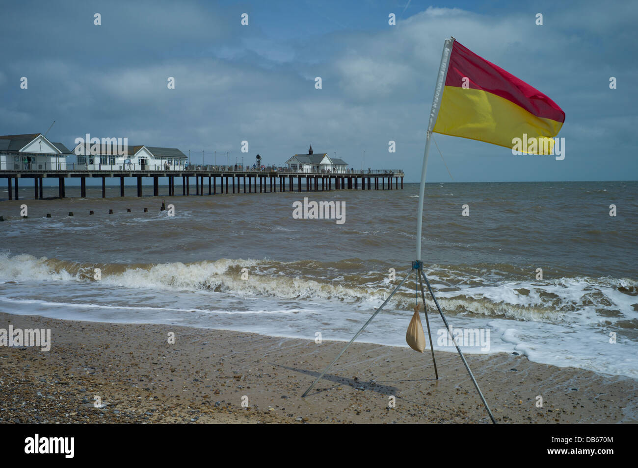 Southwold on the Suffolk  coast, England July 2013. A charming old fashioned seaside resort with Iconic Pier and beach huts. Stock Photo