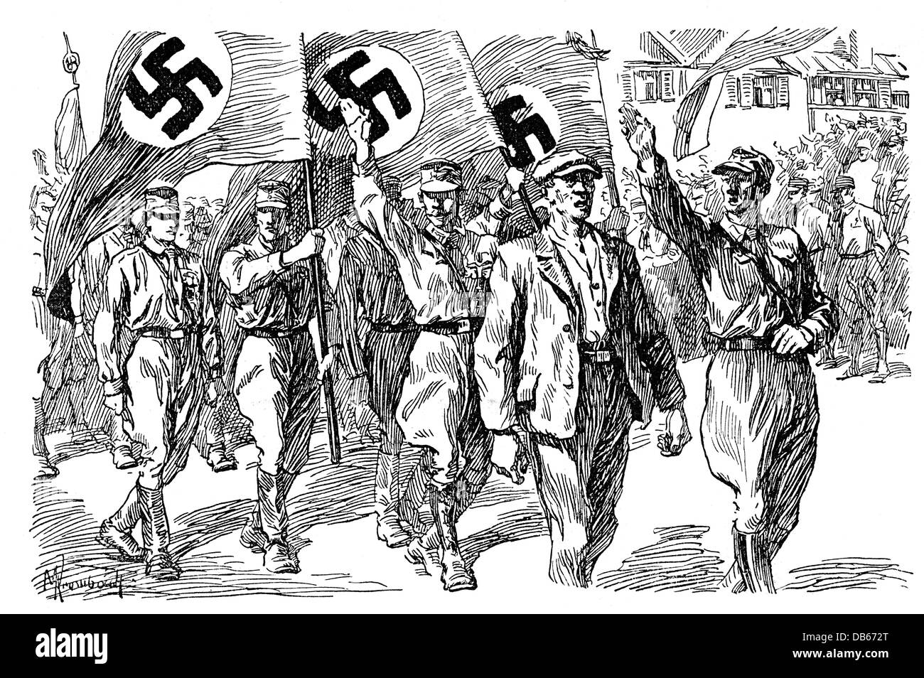 National Socialism, organisations, Sturmabteilung (SA), SA marching, drawing by M. Krumbach, 1934, Additional-Rights-Clearences-Not Available Stock Photo