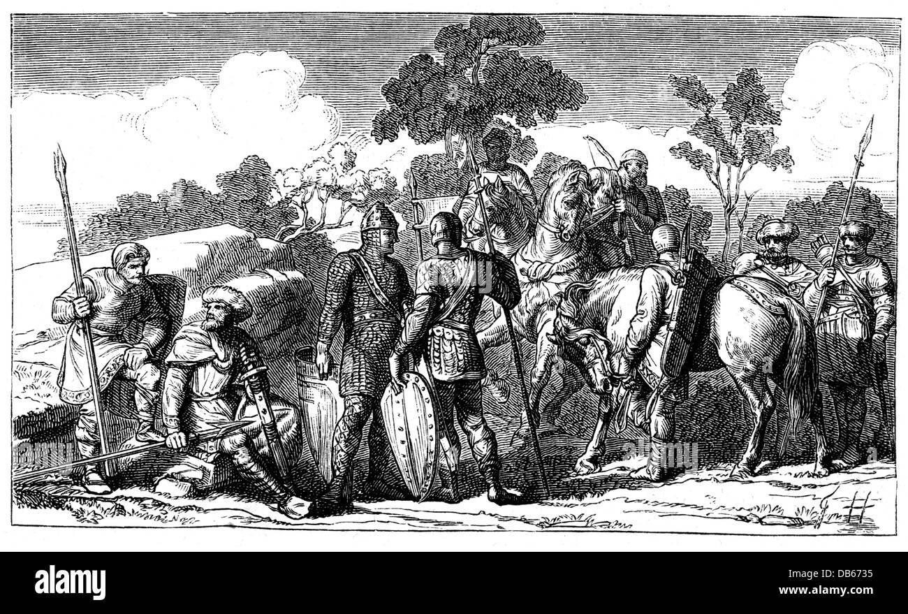 military, Middle Ages, soldiers at the time of Charlemagne, 8th / 9th century, wood engraving, after drawing by Friedrich Hottenroth, 19th century, warrior, warriors, knight, knights, suit of armour, weapons, arms, weapon, arm, spear, spears, shield, shields, sword, swords, medieval, mediaeval, historic, historical, people, Additional-Rights-Clearences-Not Available Stock Photo