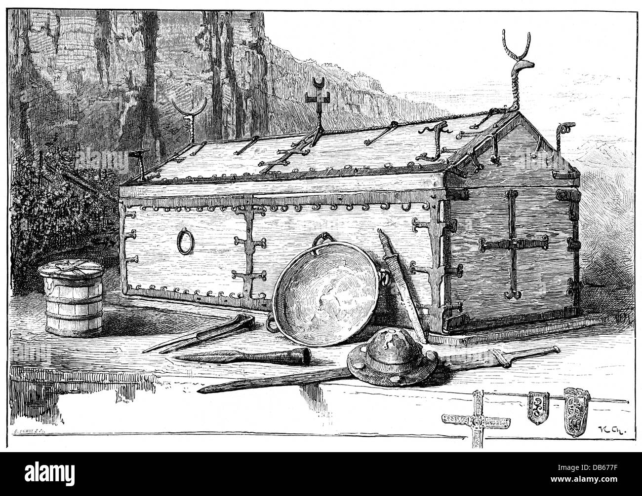 death, graves, grave of a Lombard prince from Civezzano, wood engraving, 19th century, Langobards, excavation, dig, excavations, archeology, archaeology, objects, discovery, findings, archaeological find, helmet, helmets, sword, swords, coffin, casket, coffins, caskets, cross, crosses, bowl, bowls, spear, spears, spearhead, spearheads, nippers, a pair of pincers, a pair of tongs, pliers, weapons, arms, weapon, arm, Italy, grave, graves, historic, historical, Additional-Rights-Clearences-Not Available Stock Photo