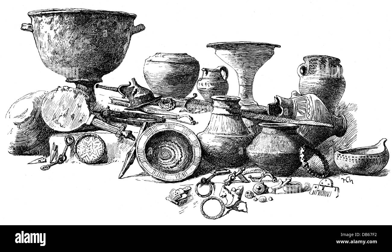 archeology, finding from the Scythian, La Tene and Roman period, 8th - 1st century BC, wood engraving, 19th century, Latene culture, pre-Roman, Roman, ancient world, ancient times, La Tene, vessel, vessels, commodity, commodities, jewellery, jewelry, historic, historical, dish, dishes, pot, pots, pottery, jug, jugs, mug, mugs, clipping, clippings, cut-out, cut-outs, ancient world, Additional-Rights-Clearences-Not Available Stock Photo