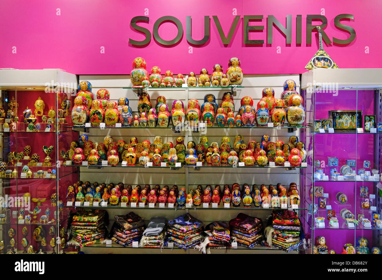 Matryoshka dolls displayed in duty-free souvenir shop at Domodedovo International Airport, Moscow, Russia. Stock Photo