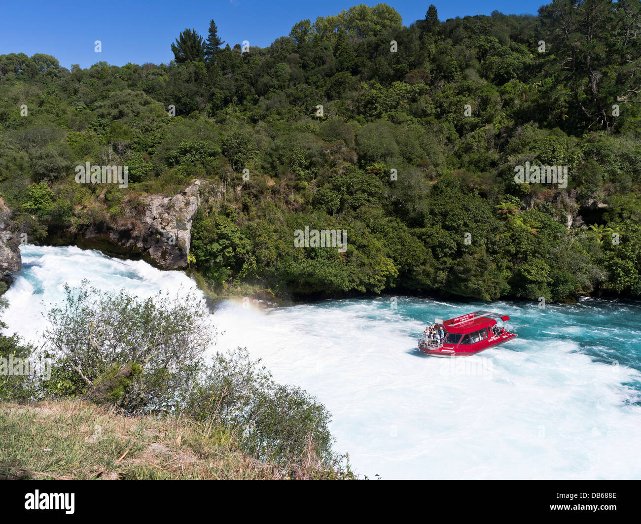 dh Huka Falls TAUPO NEW ZEALAND Huka Falls river cruise tourists view Waikato River waterfall water rapids sight seeing lake tour tourist Stock Photo