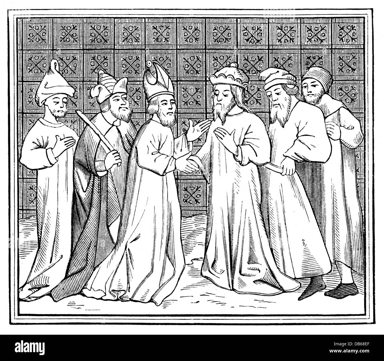 Judaism, anti-Semitism, propaganda, conspiracy of the Jews in France in the 13th century, after miniature from 'Le pelerinage de la vie humaine' by Guillaume de Digulleville, France, 1330/1331, wood engraving, 19th century, Additional-Rights-Clearences-Not Available Stock Photo