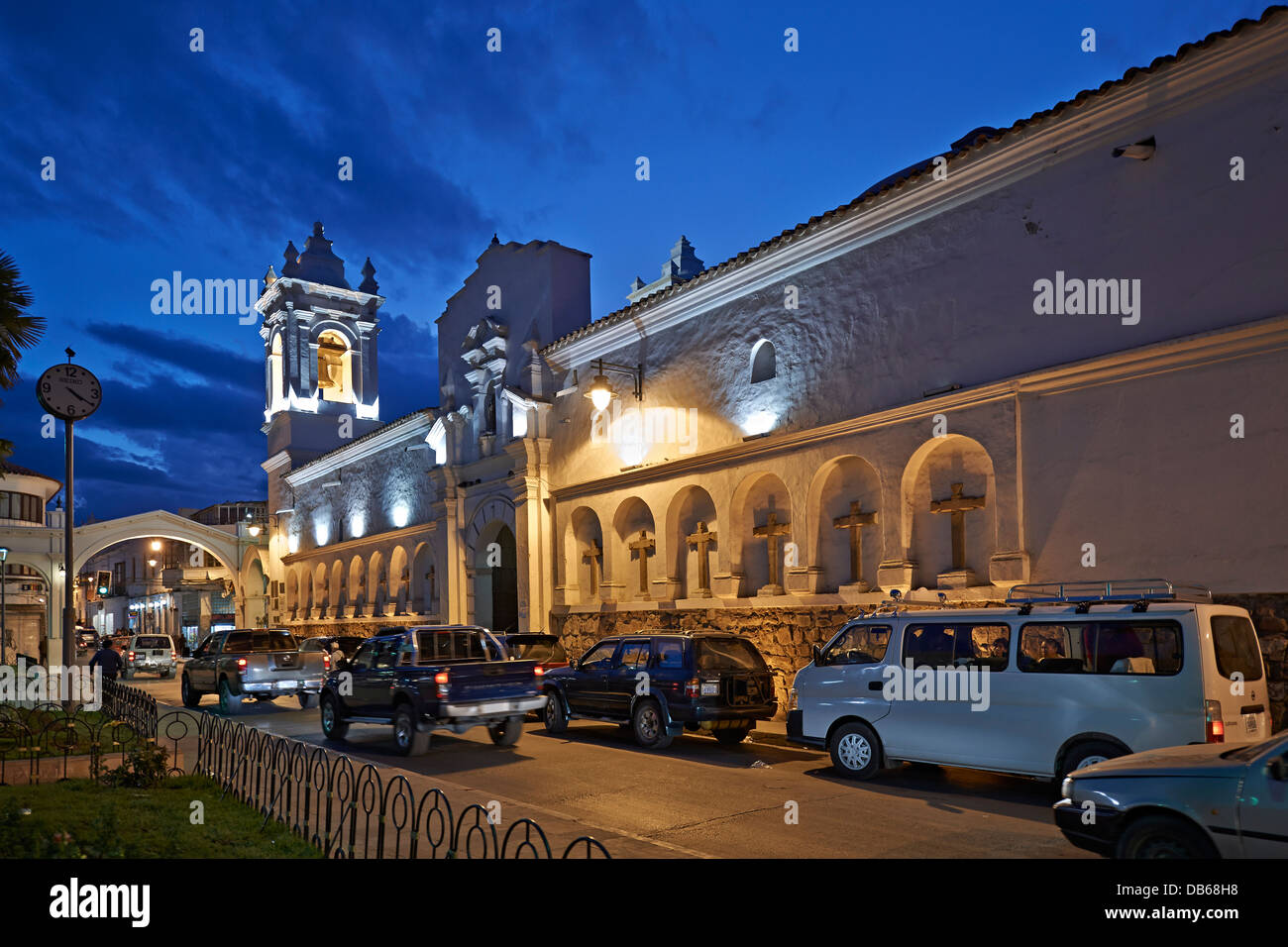 night shot church of San Francisco, colonial buildings, Sucre, Bolivia, South America Stock Photo