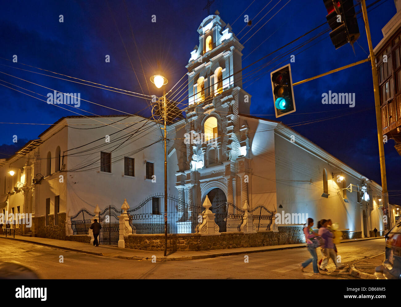 night shot church of Santa Monica, colonial buildings, Sucre, Bolivia, South America Stock Photo