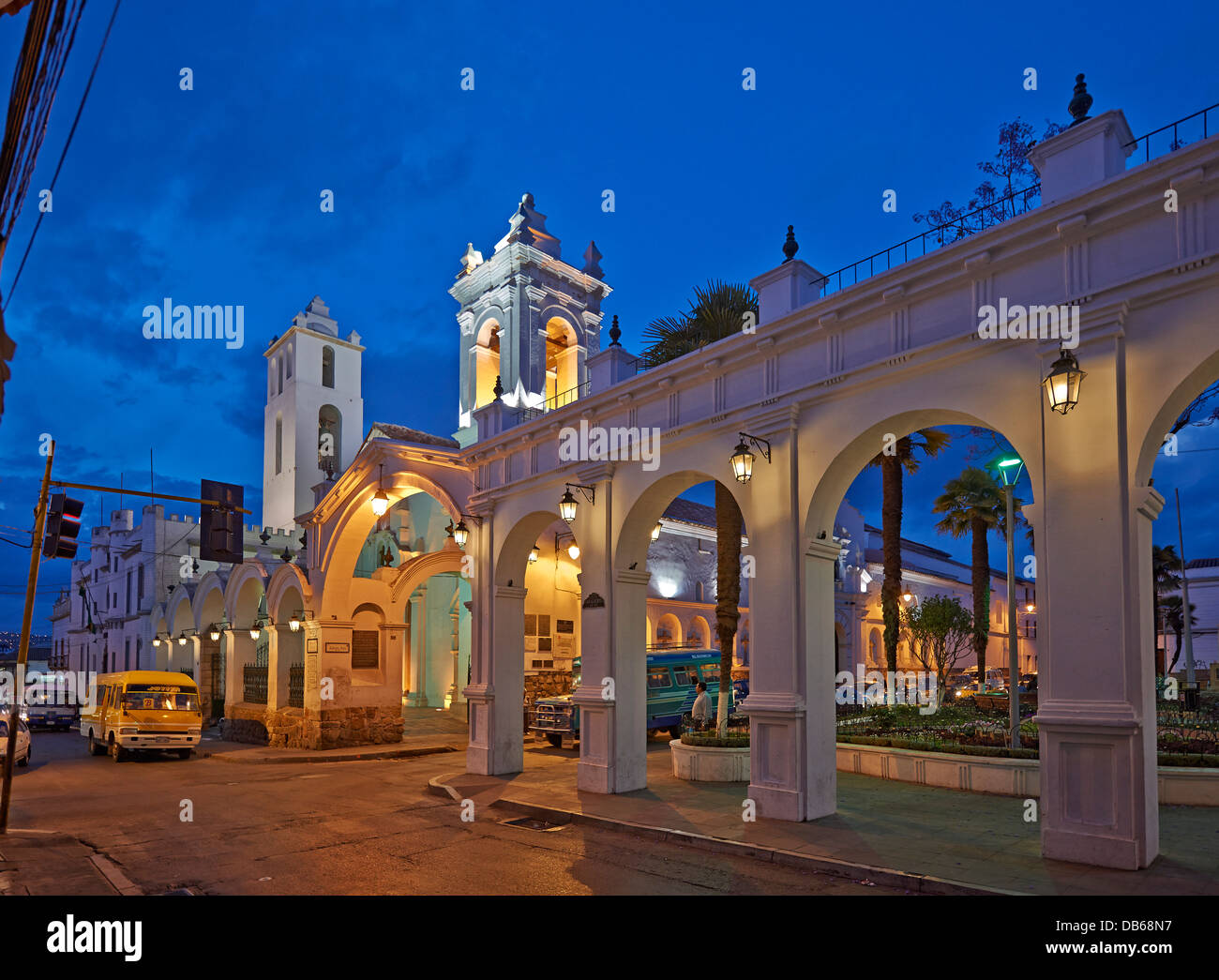 night shot church of San Francisco, Calle San Alberto, colonial buildings, Sucre, Bolivia, South America Stock Photo