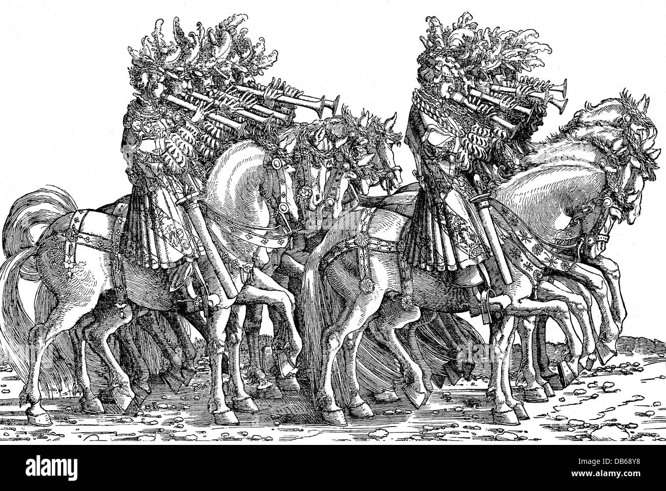 military music, group of wind players, woodcut by Hans Burgkmair (1473 - 1531) for the 'Triumph of Maximilian', 1512 - 1519, Additional-Rights-Clearences-Not Available Stock Photo